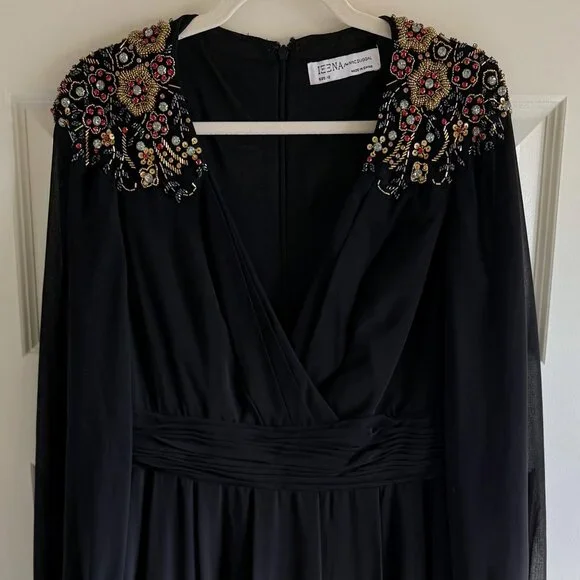 Black Embellished Shoulder Blouson Sleeve Evening Gown - Picture 2 of 6
